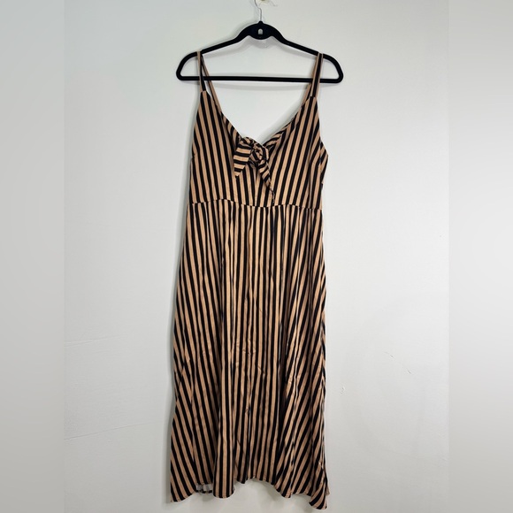 Women’s Cleo Tie Front Caramel and Black Striped Midi Fall Peak-a-boo Dress - Picture 2 of 7